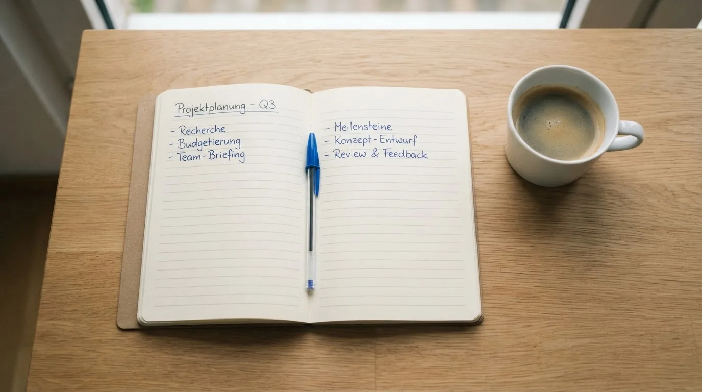 Ein aufgeschlagenes Notizbuch mit handschriftlichen Notizen und ein Kugelschreiber liegen auf einem hellen Schreibtisch neben einer Kaffeetasse.