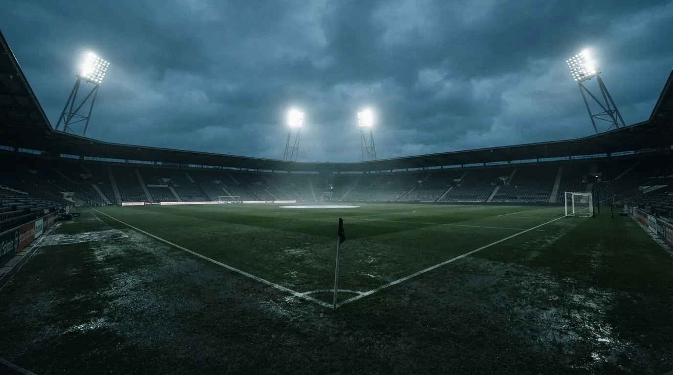 Ein Fußballplatz mit Flutlichtmasten in der Abenddämmerung, aus der Ferne gesehen, leere Tribünen und nasser Rasen unter bewölktem Himmel.