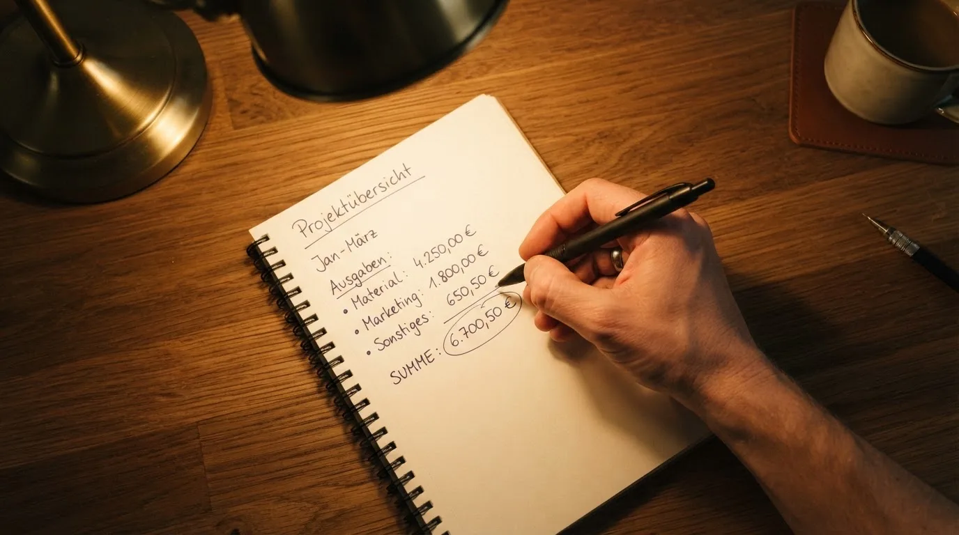 Ein Taschenrechner und ein Blatt Papier mit handschriftlichen Notizen liegen auf einem Schreibtisch unter dem warmen Licht einer Lampe.