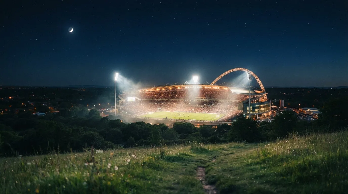 Ein Stadion unter Flutlicht bei Nacht, von einem Hügel aus der Ferne betrachtet, mit Dunst über dem Spielfeld.