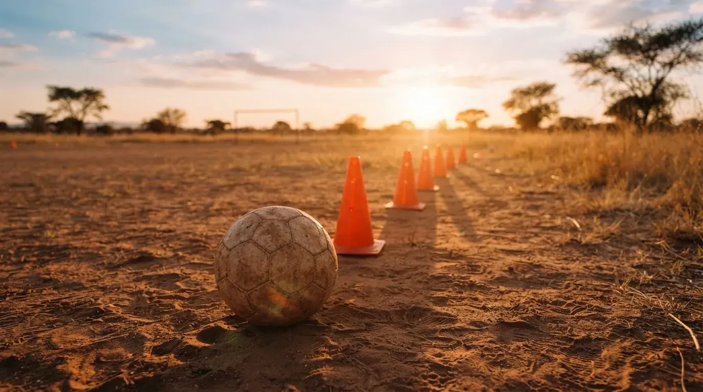 Ein Fußball auf rotem Sandboden neben einer Reihe Hütchen auf einem Trainingsplatz bei untergehender Sonne.