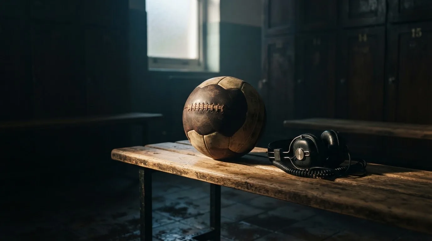 Ein Fußball liegt neben Kopfhörern auf einer Holzbank in einer Umkleide, Licht fällt durch ein schmales Fenster.