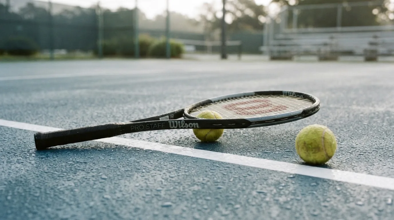 Zwei Tennisbälle und ein Schläger liegen auf der Grundlinie eines Hartplatzes, kleine Wassertropfen glänzen auf dem Belag.
