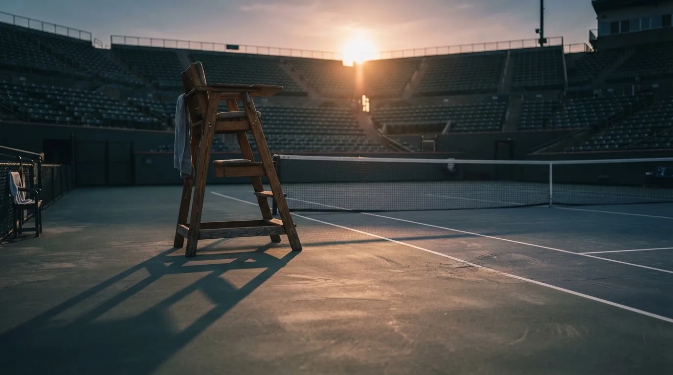 Ein leerer Schiedsrichterstuhl am Spielfeldrand eines Tennisplatzes im Abendlicht, lange Schatten auf dem Belag.