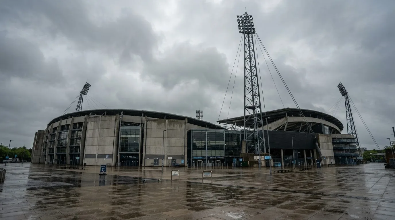 Ein leeres Stadion von außen, hohe Flutlichtmasten vor einem grauen Himmel mit Regenwolken.