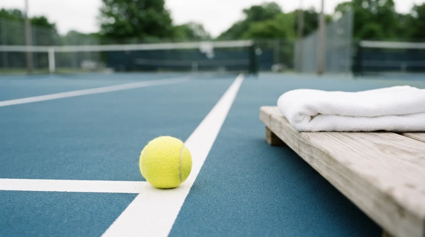 Ein gelber Tennisball liegt auf einer weißen Linie, daneben ein Handtuch auf einer Bank am Spielfeldrand.