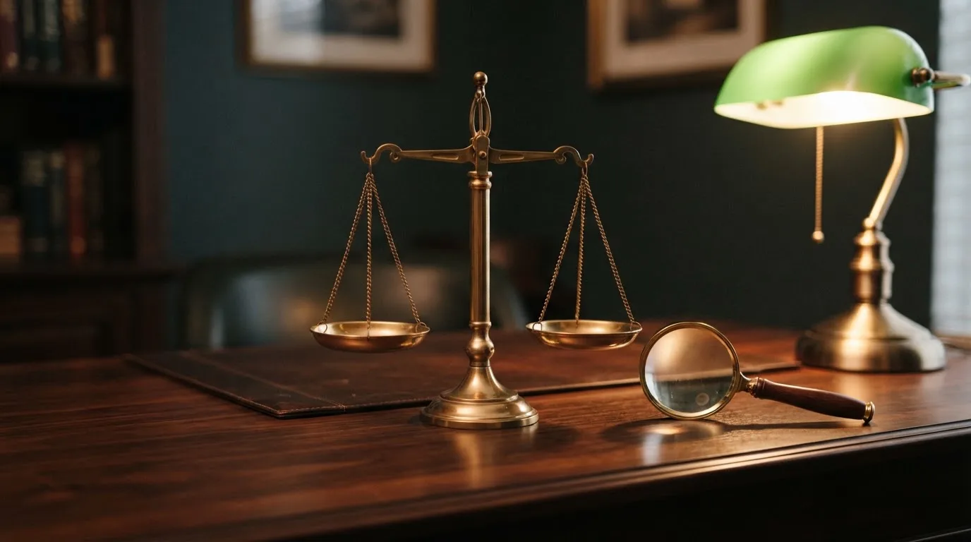 Eine Waage aus Messing steht neben einer Lupe auf einem polierten Schreibtisch im Licht einer Lampe.