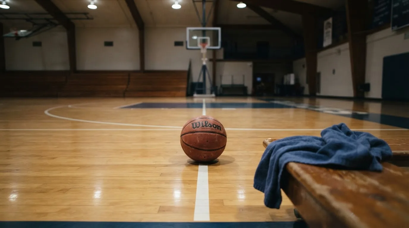 Ein Basketball liegt auf der Freiwurflinie einer Halle, im Vordergrund ein Handtuch auf einer Bank.