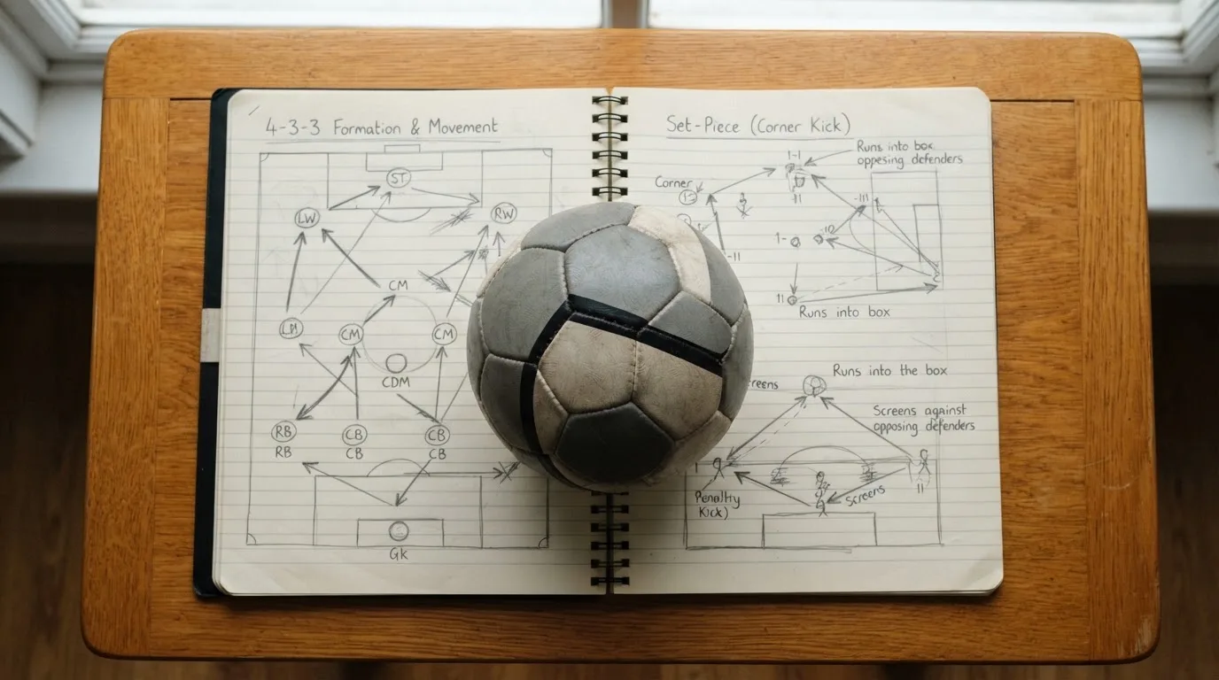 Ein Fußball liegt auf einem Notizbuch mit handgezeichneten Skizzen von Spielzügen, aufgenommen von oben auf einem Holztisch.