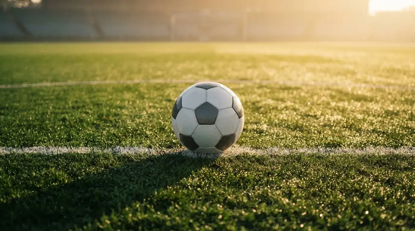 Ein Fußball liegt auf dem Anstoßpunkt eines Rasens bei Sonnenaufgang, Tau glitzert auf den Halmen.