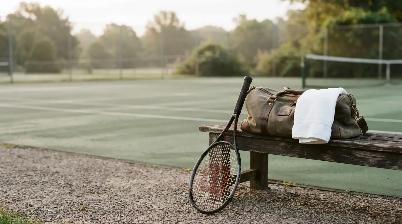 Ein Tennisschläger lehnt an einer Bank neben einer Sporttasche, im Hintergrund ein leerer Platz.