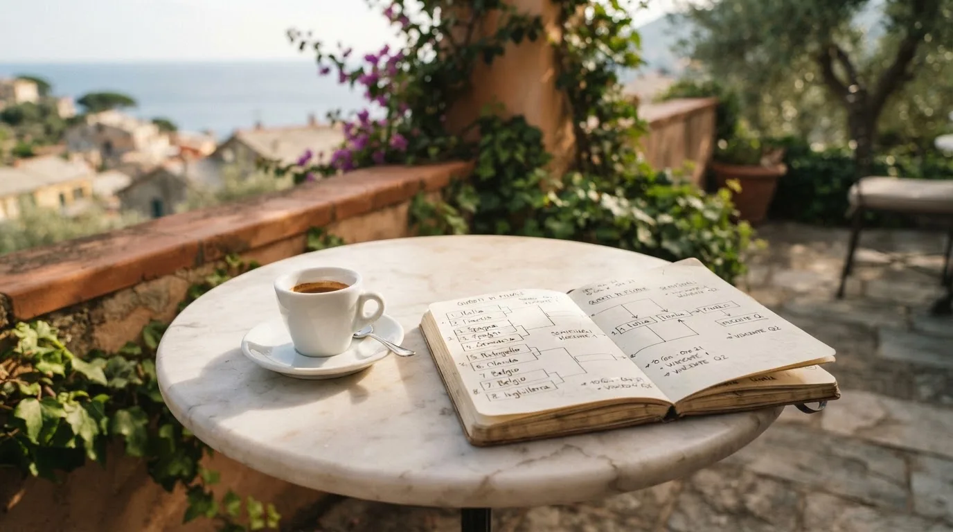 Eine Espressotasse steht auf einem kleinen Marmortisch einer Terrasse, daneben ein Notizheft mit handschriftlichen Skizzen.