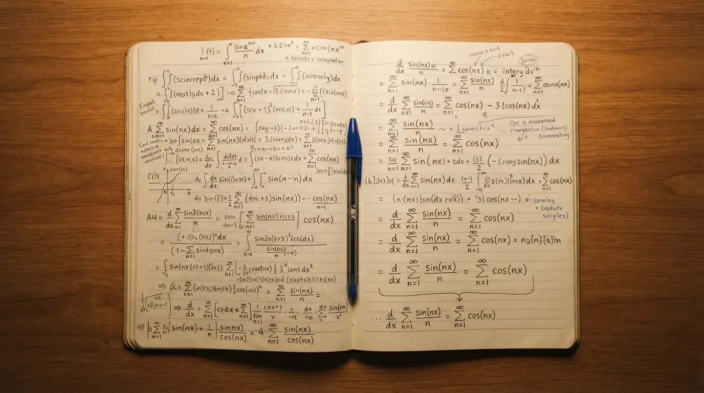 Ein Notizbuch mit handschriftlichen Rechnungen und ein Taschenrechner liegen auf einem aufgeräumten Schreibtisch in warmem Licht.