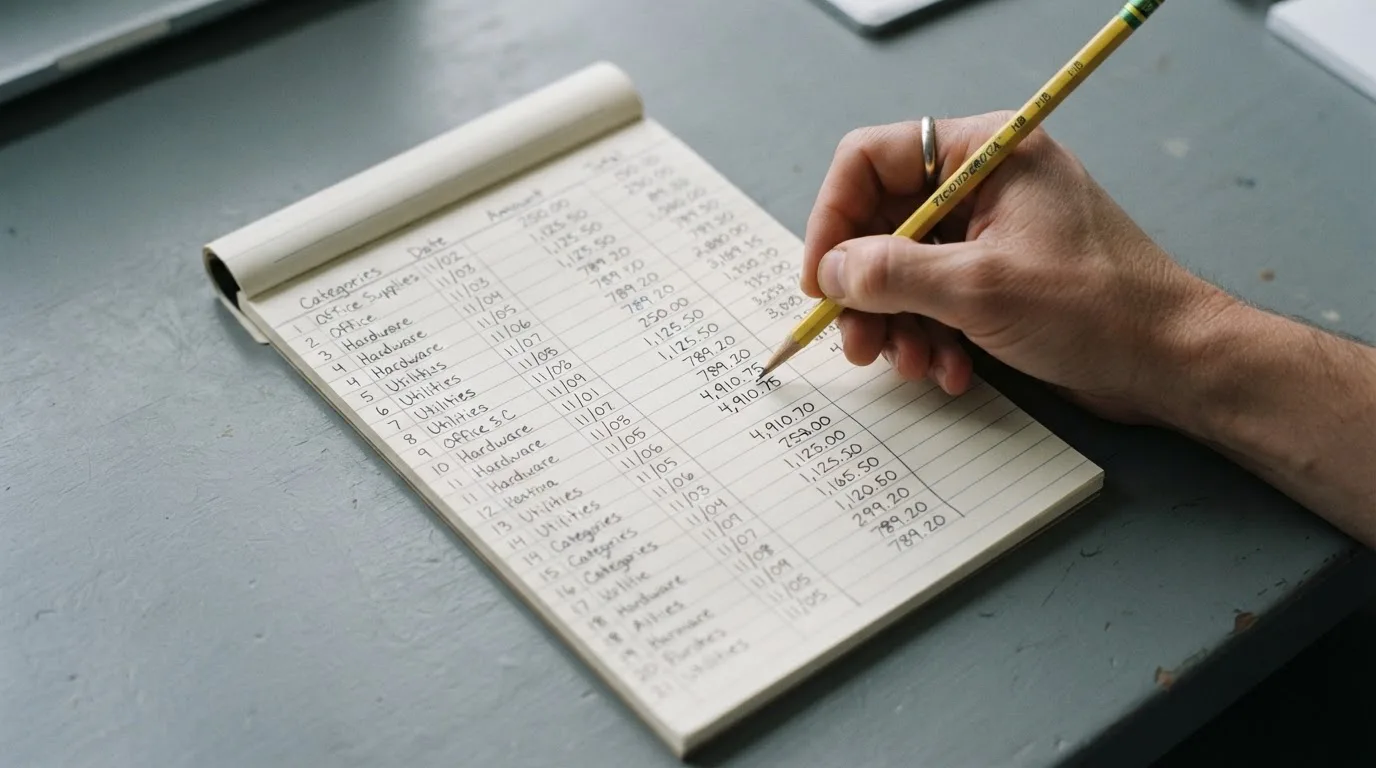 Ein Taschenrechner, ein Bleistift und ein Block mit handschriftlichen Zahlenreihen liegen auf einer grauen Arbeitsfläche.