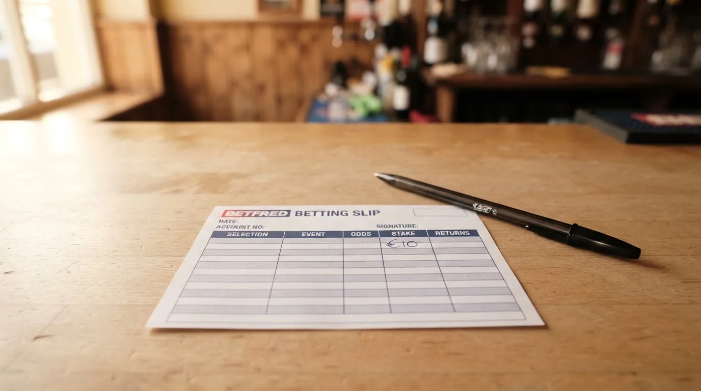 Ein leerer Papier-Wettschein und ein Kugelschreiber liegen auf einer Theke aus hellem Holz im Tageslicht.