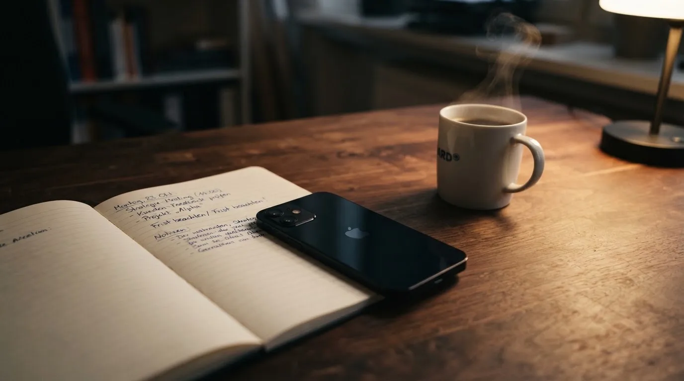 Ein Smartphone liegt mit dunklem Display auf einem Schreibtisch neben einem Notizbuch und einer Kaffeetasse.