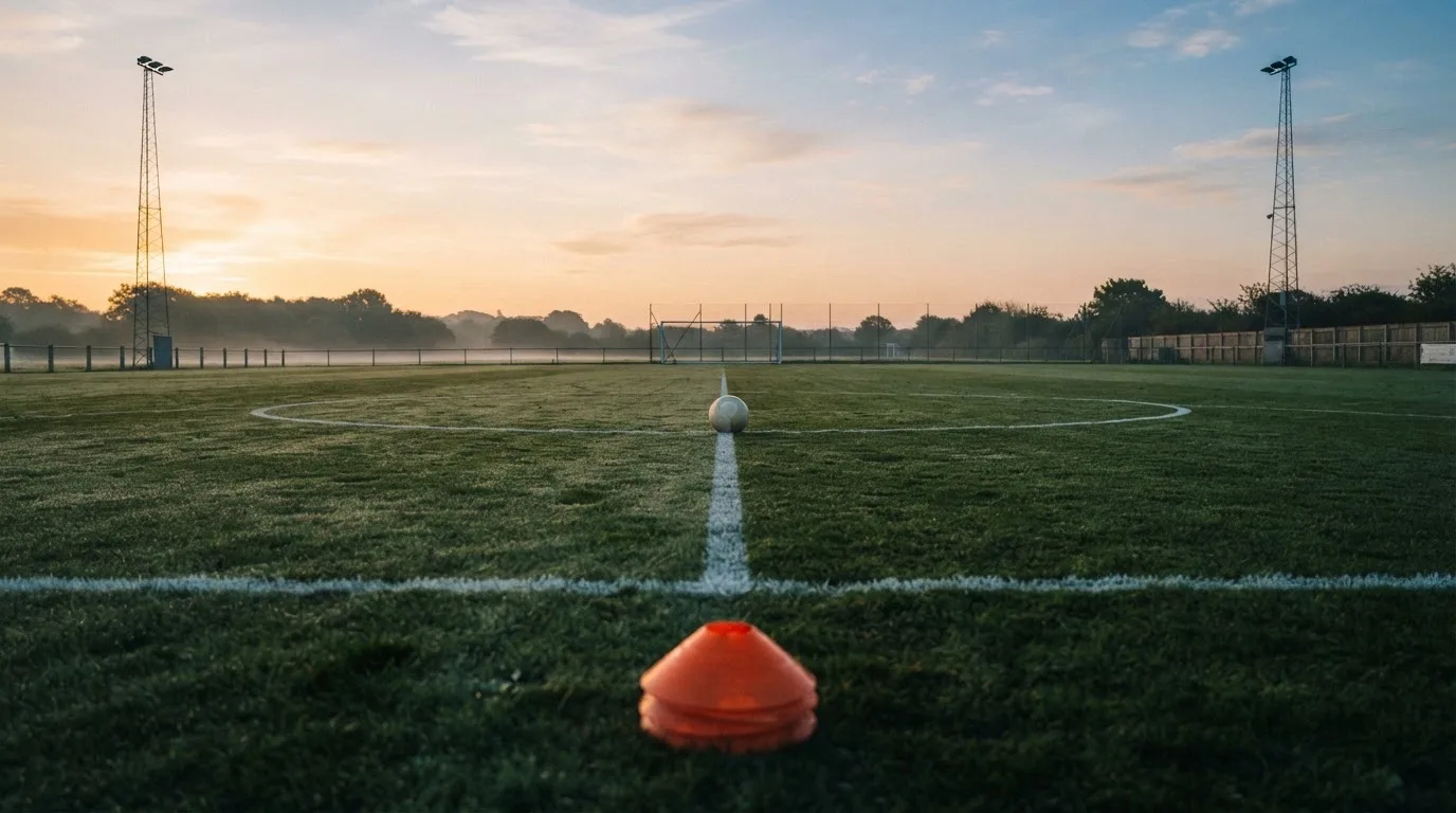 Ein Fußball liegt auf einem Rasenplatz bei Sonnenaufgang, daneben ein kleiner Stapel Trainingshütchen.