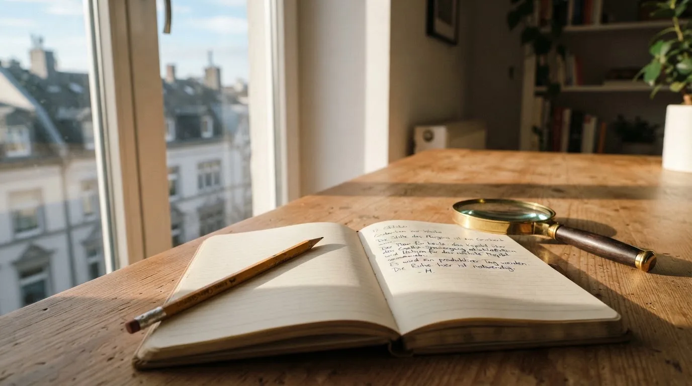 Ein schmaler Schreibtisch am Fenster mit einem Notizbuch, einer Lupe und einem Bleistift im Morgenlicht.