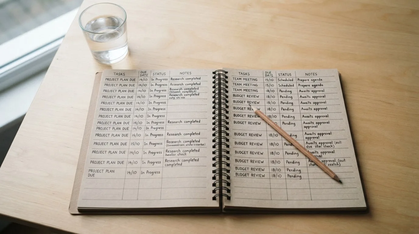 Ein Notizbuch mit handgezeichneten Spalten und ein Bleistift liegen auf einem hellen Holztisch neben einem Glas Wasser.