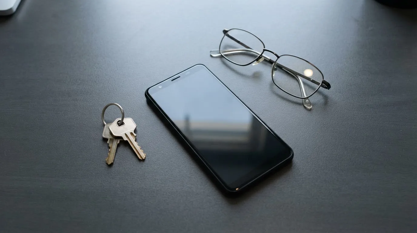 Ein Smartphone liegt mit dunklem Display auf einem Schreibtisch neben einem Schlüsselbund und einer Brille.