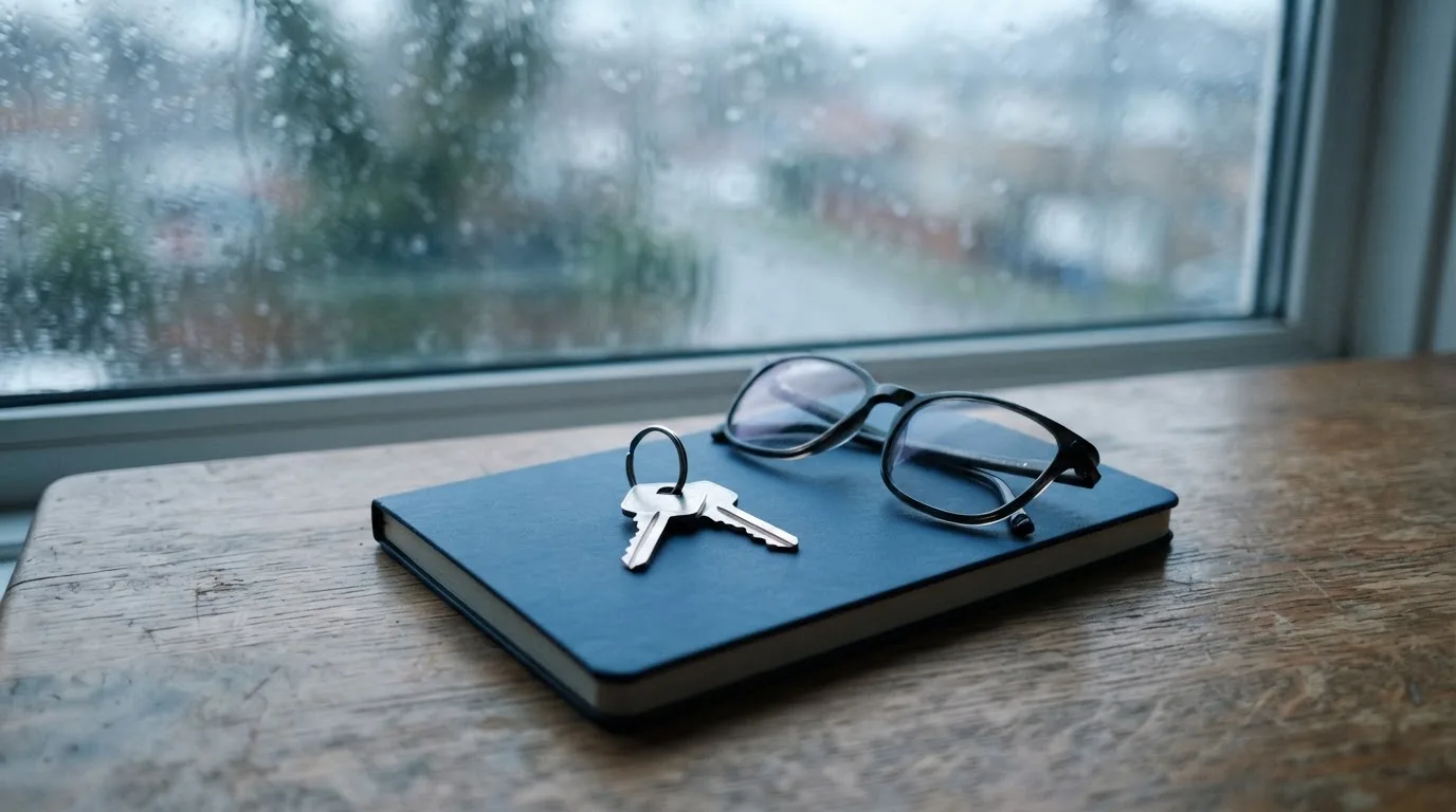 Ein Schlüsselbund und eine Brille liegen auf einem leeren Block neben einem Fenster mit Regentropfen.