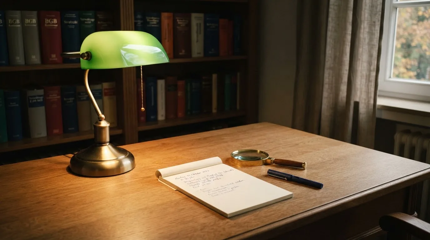 Ein Schreibtisch mit Lupe, Kugelschreiber und einem leeren Notizblock unter einer Lampe in einem ruhigen Raum.