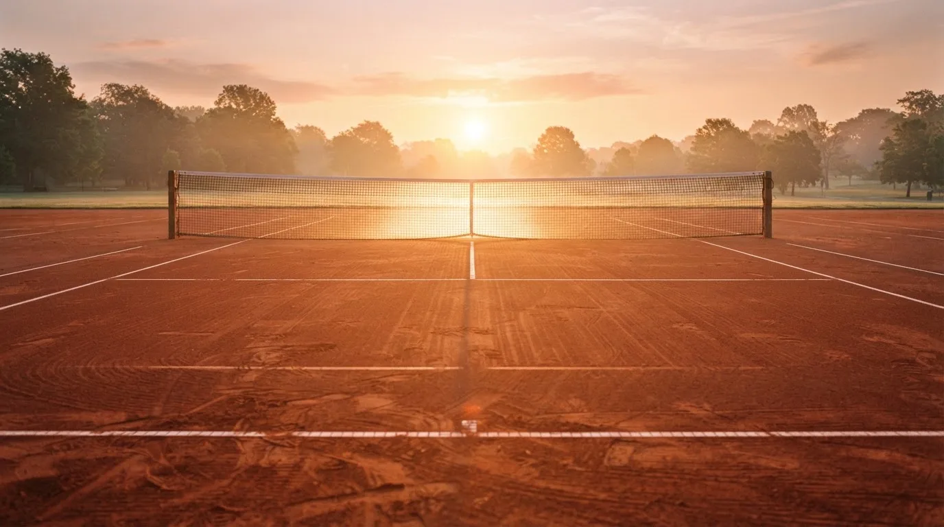 Ein Tennisplatz aus Sand bei Sonnenaufgang, das Netz im Gegenlicht, kein Mensch zu sehen.