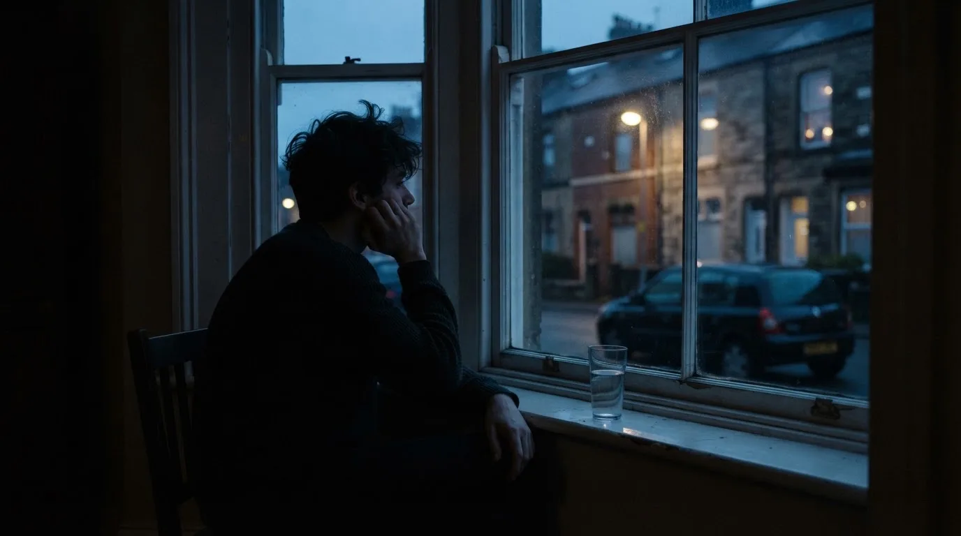 Die Silhouette einer Person sitzt am Abend am Fenster und blickt auf eine Straße, auf dem Fensterbrett steht ein Glas Wasser.