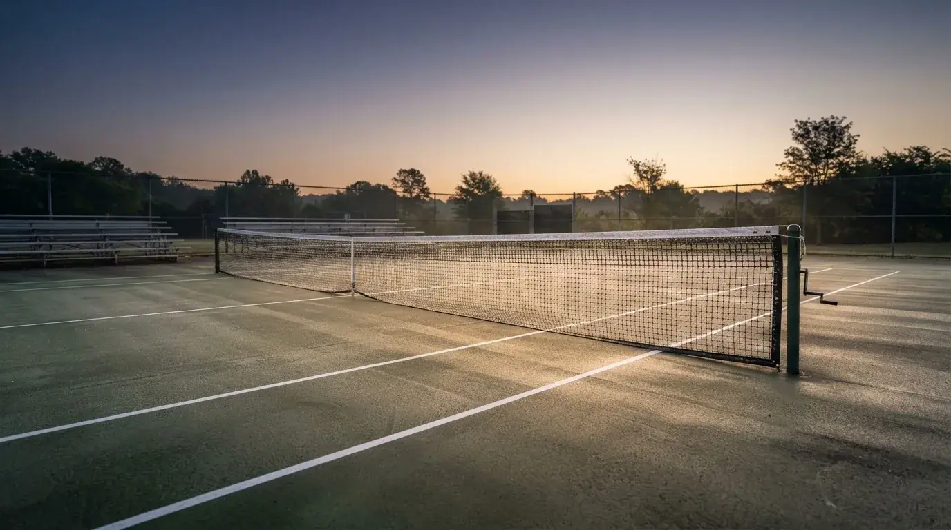 Ein Tennisplatz im Morgengrauen, Netz und Linien liegen im Tau, niemand ist zu sehen und der Himmel färbt sich langsam hell.