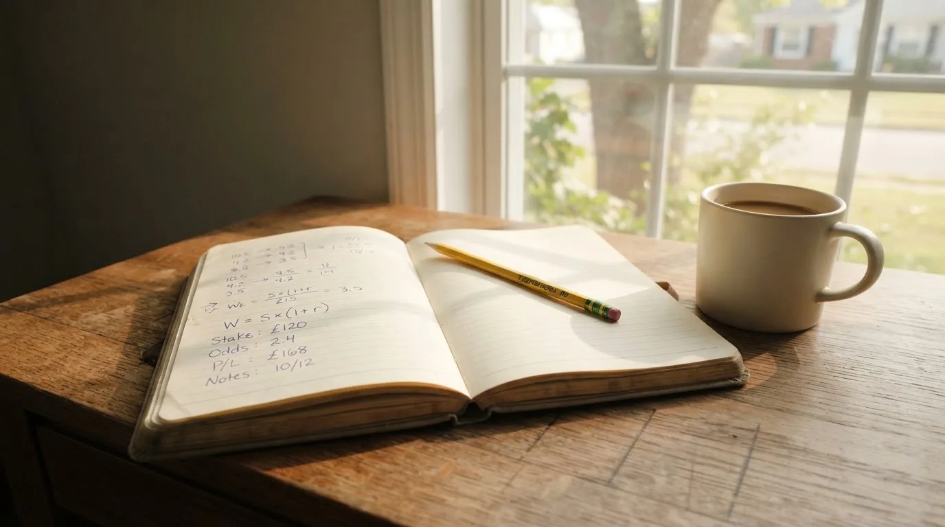 Ein Notizbuch mit handschriftlichen Notizen und ein Bleistift liegen auf einem Schreibtisch am Fenster, draußen fällt Morgenlicht herein.