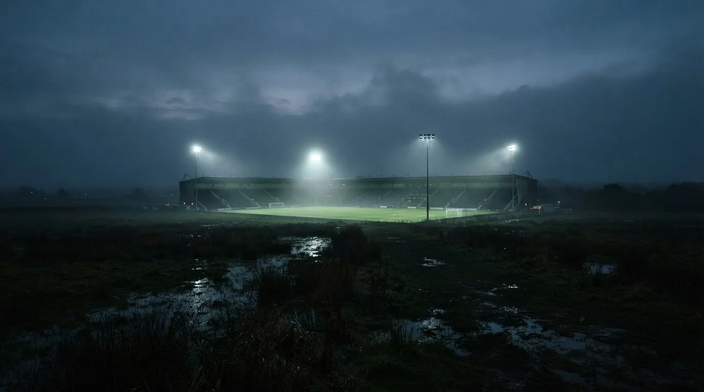 Ein Stadion unter Flutlicht, aus großer Entfernung über eine dunkle Wiese fotografiert, am Himmel zieht Nebel auf.