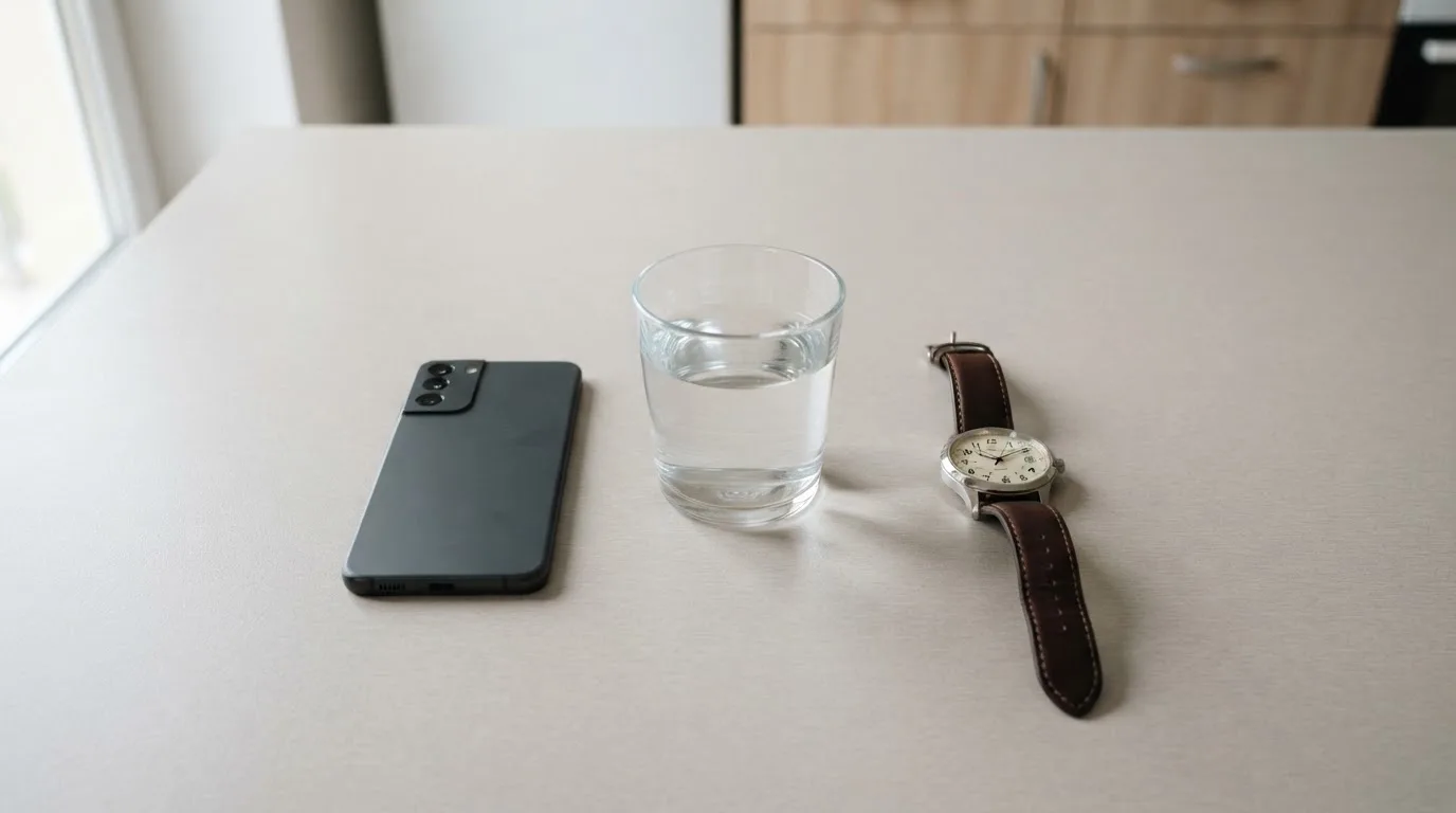 Ein Smartphone liegt mit dem Display nach unten auf einem Küchentisch, daneben stehen ein Glas Wasser und eine Armbanduhr.