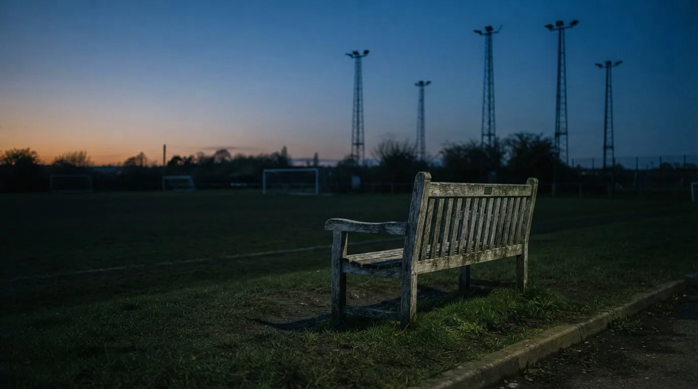 Eine leere Parkbank am Rand eines Fußballfelds in der Abenddämmerung, im Hintergrund ragen dunkle Flutlichtmasten in den Himmel.