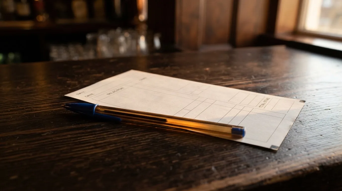 Ein leerer Wettschein aus Papier und ein Kugelschreiber liegen auf einer hölzernen Theke, weiches Seitenlicht fällt darauf.