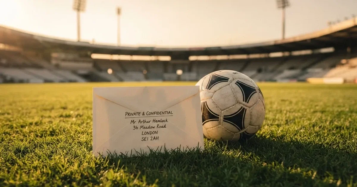 Ein verschlossener leerer Briefumschlag liegt neben einem Fußball auf grünem Rasen im warmen Licht des Nachmittags.