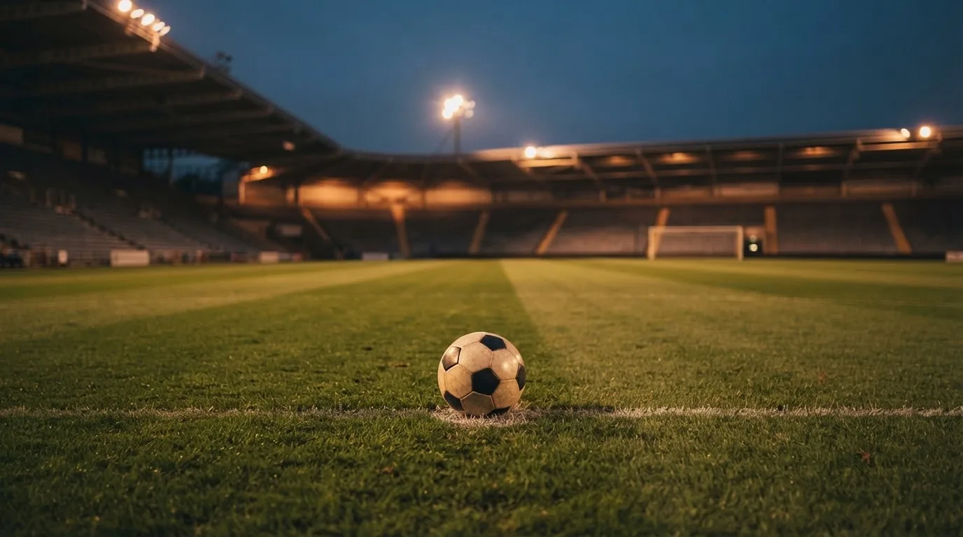 Ein Fußball liegt auf dem Rasen eines leeren Platzes, im Hintergrund ein Stadion unter Flutlicht in der Abenddämmerung.