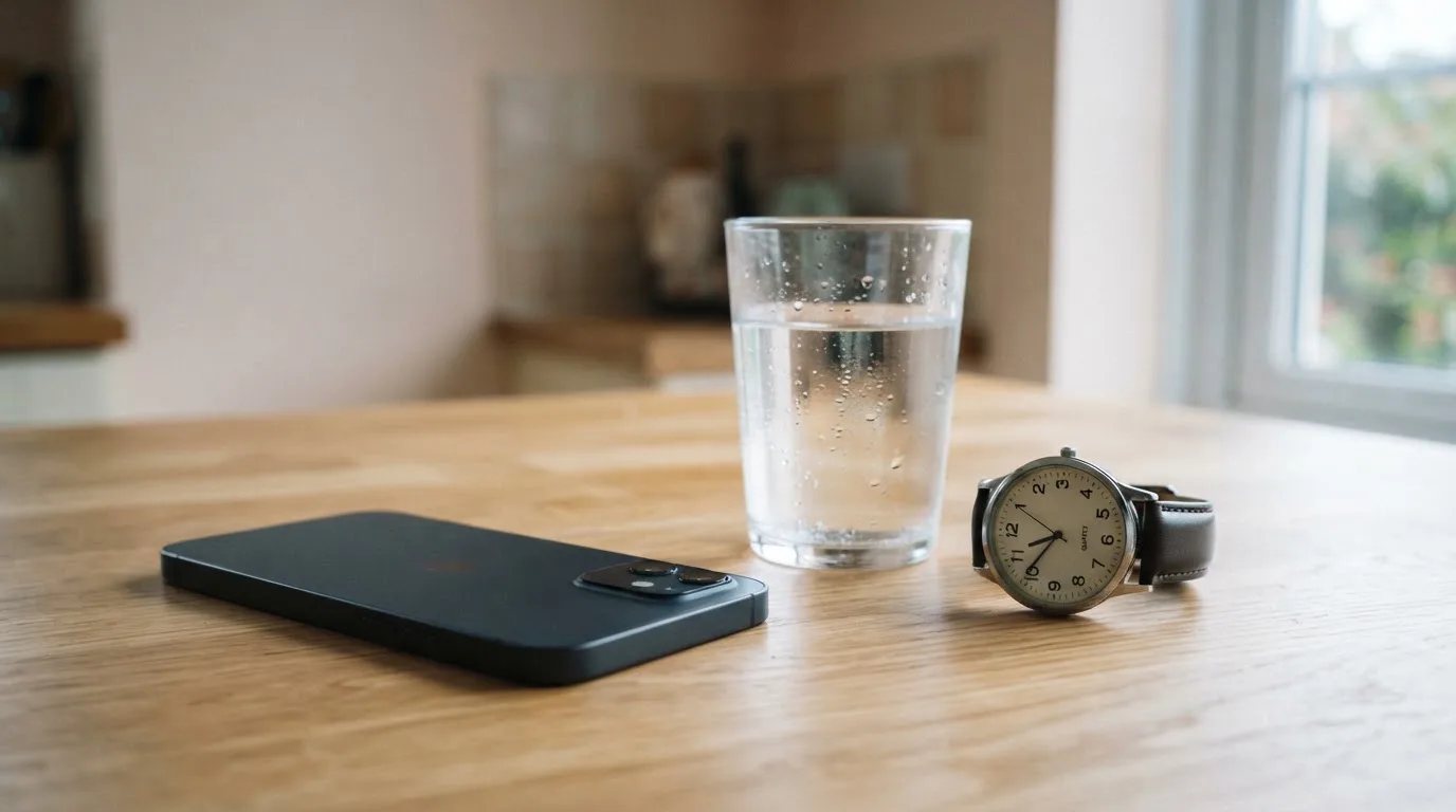 Ein Smartphone liegt mit dem Display nach unten auf einem Küchentisch, daneben stehen ein Glas Wasser und eine Armbanduhr.