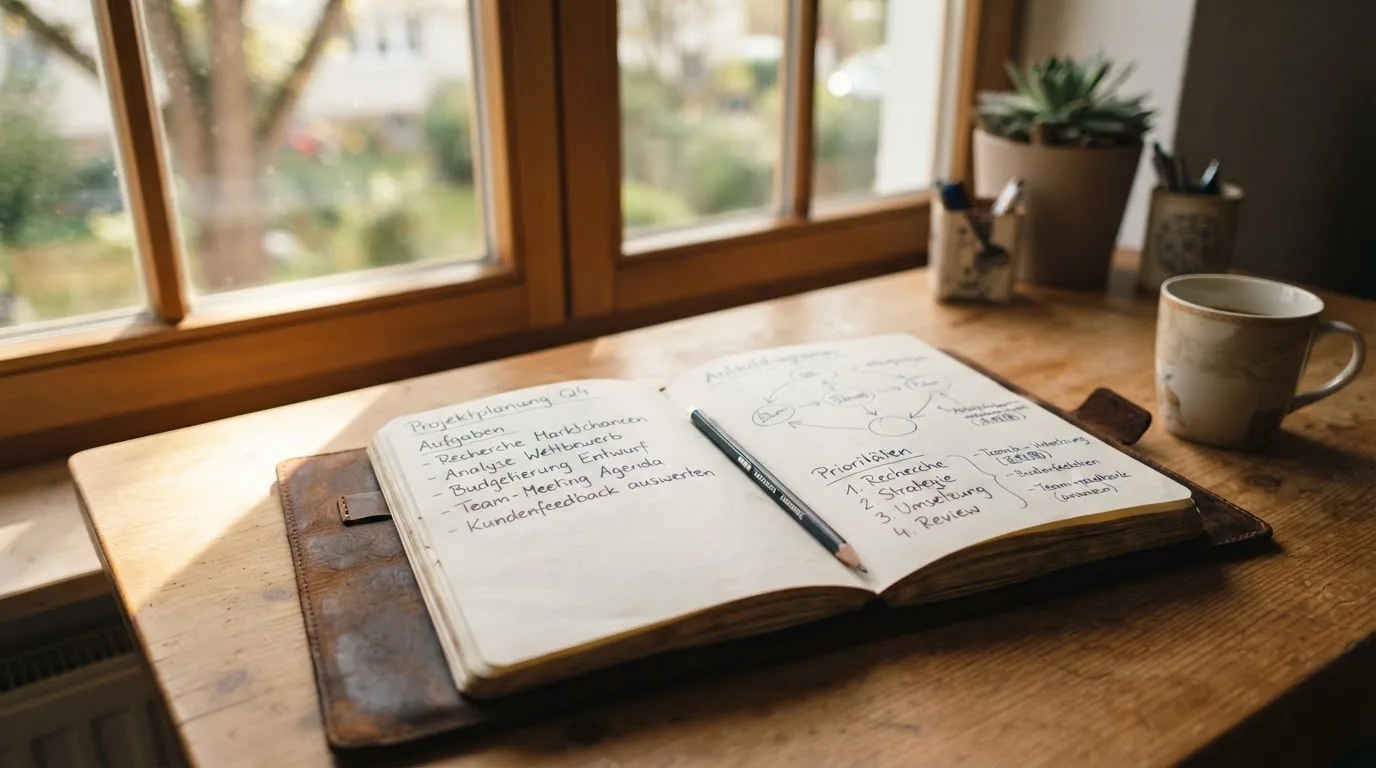 Ein Notizbuch mit handschriftlichen Notizen und ein Bleistift liegen auf einem Schreibtisch am Fenster, draußen fällt Morgenlicht herein.
