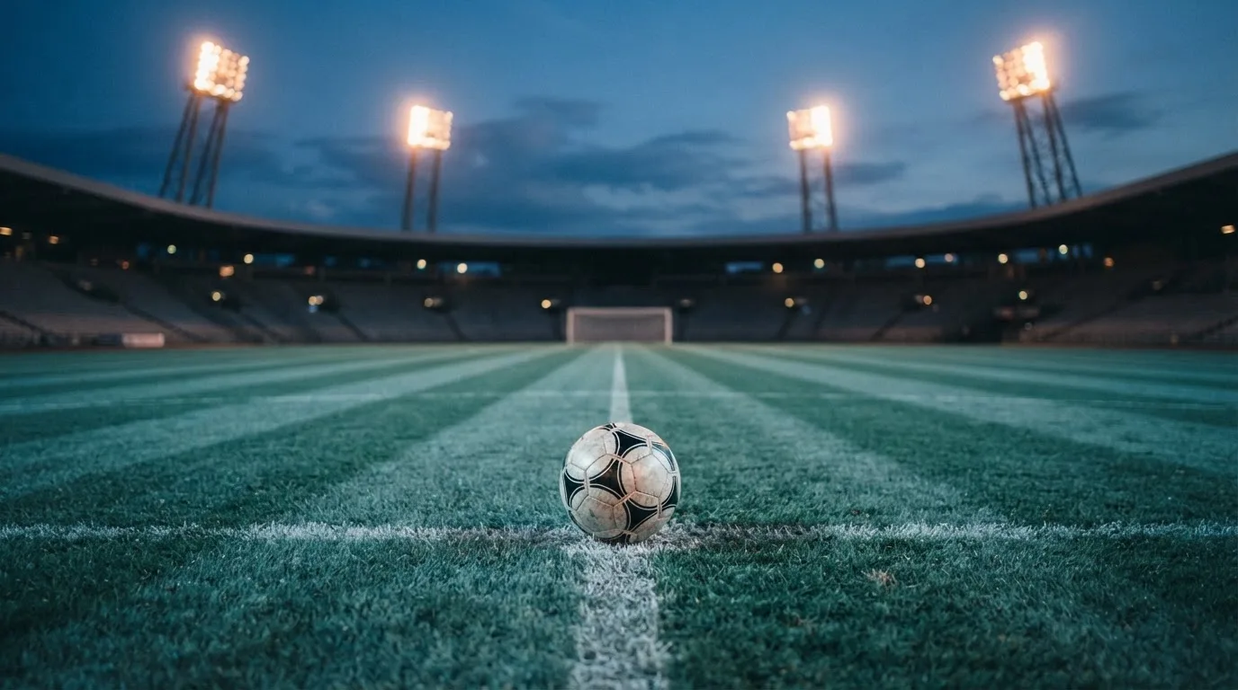 Ein Fußball liegt auf dem Anstoßpunkt eines leeren Rasenplatzes, im Hintergrund steht ein Stadion unter Flutlicht in der Dämmerung.