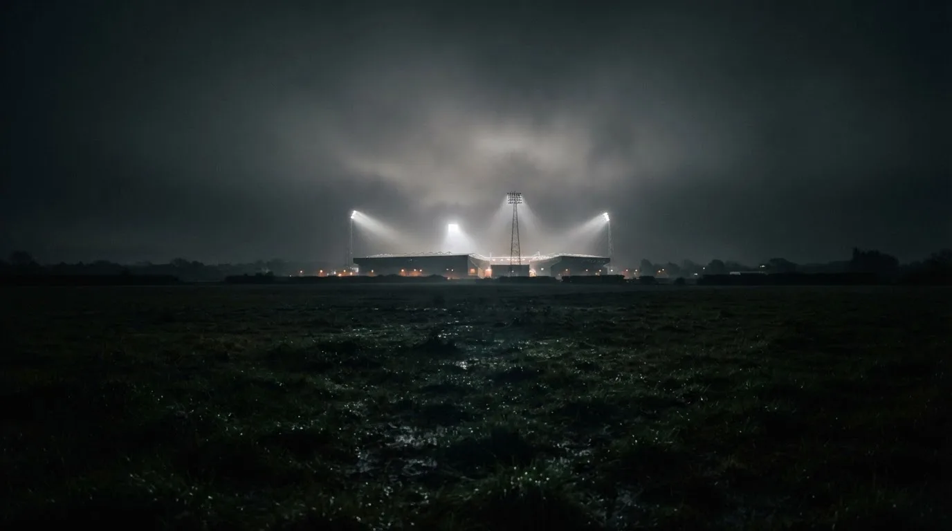 Ein Stadion unter Flutlicht, aus großer Entfernung über eine dunkle Wiese fotografiert, am Himmel zieht Nebel auf.