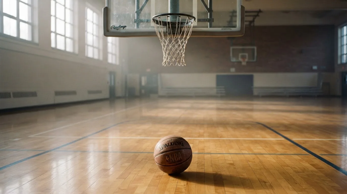 Ein Basketball liegt auf dem Hallenboden unter einem Korb, das Netz hängt ruhig, Morgenlicht fällt durch hohe Fenster.