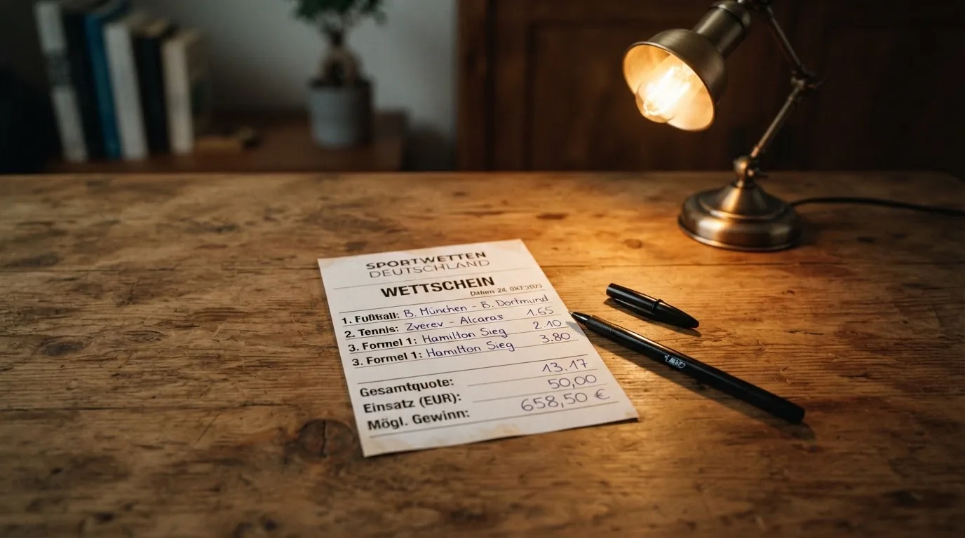 Ein leerer Wettschein aus Papier und ein Kugelschreiber liegen auf einer Tischplatte neben einer kleinen Tischlampe.