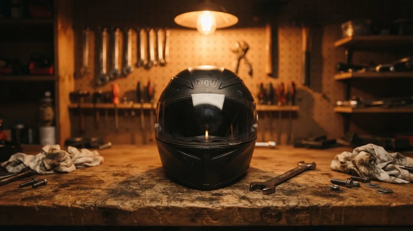 Ein schwarzer Motorradhelm ohne Aufdruck liegt auf einer Werkbank neben einem Schraubenschlüssel, warmes Licht einer Werkstatt.