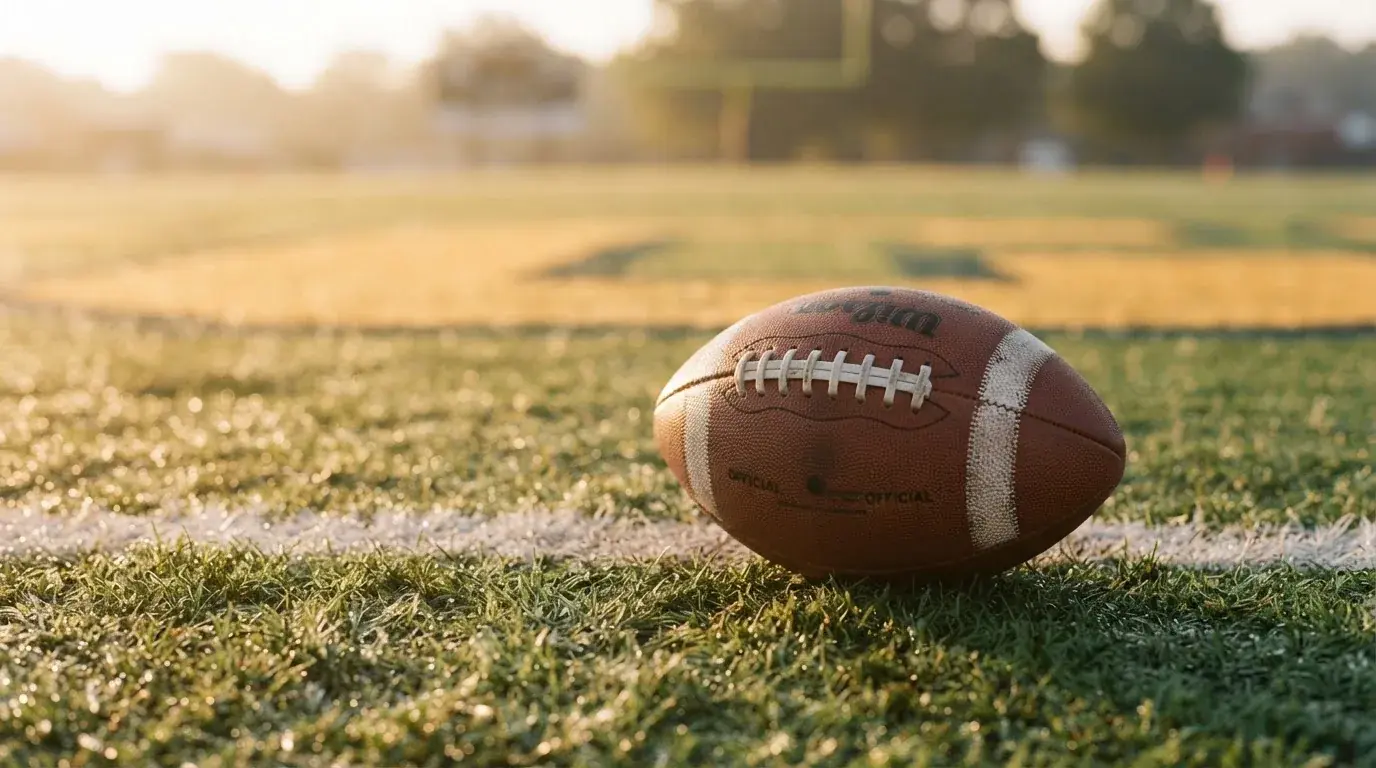 Ein ovaler Lederball mit heller Schnürung liegt auf dem Rasen vor der Endzone, Tau auf dem Gras im ersten Morgenlicht.