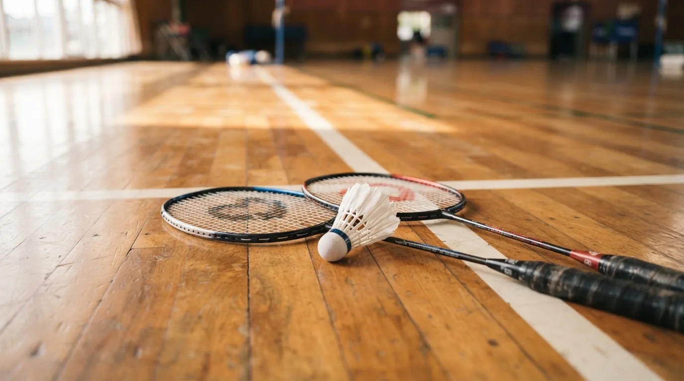 Zwei Badmintonschläger und ein Federball liegen auf einem Holzboden neben der Seitenlinie, weiches Licht fällt von der Seite ein.