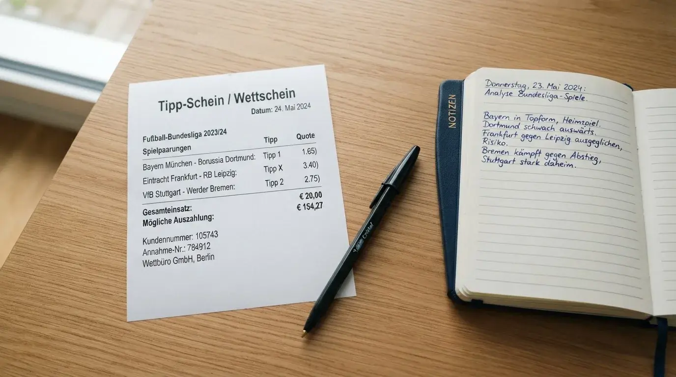 Ein leerer Papierwettschein und ein Kugelschreiber auf einer glatten Schreibtischplatte, daneben ein aufgeschlagenes Notizbuch mit handschriftlichen Notizen.